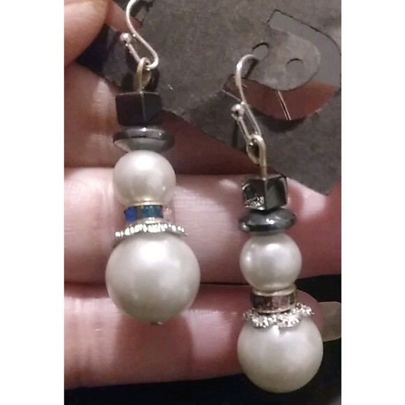 Handmade White Glass Beaded Snowman Earrings With Rhinestone Red, Green,Blue - Picture 3 of 3